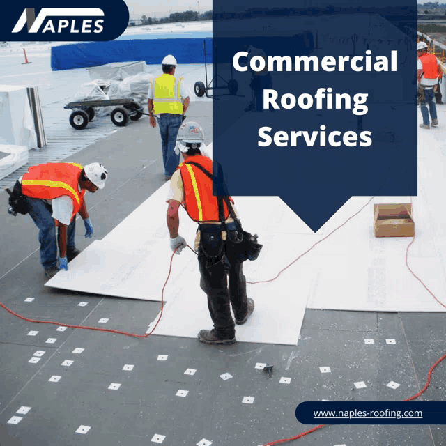 an ad for commercial roofing services with a picture of workers on the roof