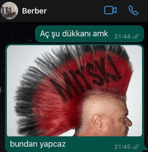 a man with a mohawk has the word wiski painted on his hair