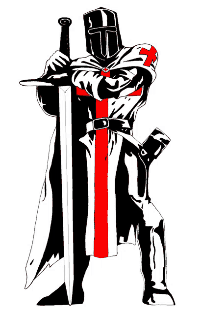 a black and white drawing of a knight with a red cross on his chest holding a sword