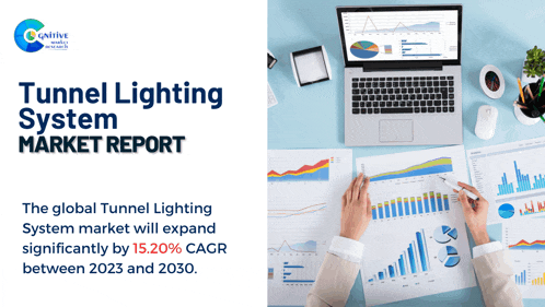 the cover of a tunnel lighting system market report shows a person working on a laptop