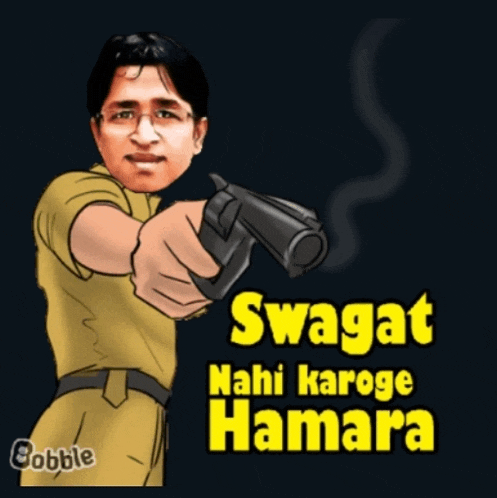 a cartoon of a man pointing a gun with the words swagat nahi karoge hamara below him