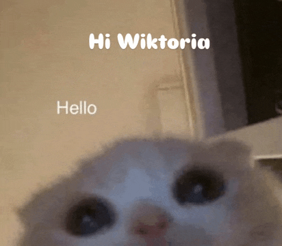 a close up of a cat 's face with the words hi wiktoria hello written on it