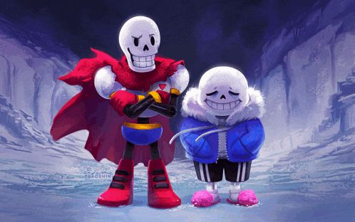 papyrus and sans are standing next to each other in a snowy scene