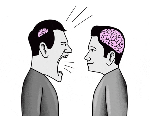 a cartoon of two men with brains on their heads talking to each other