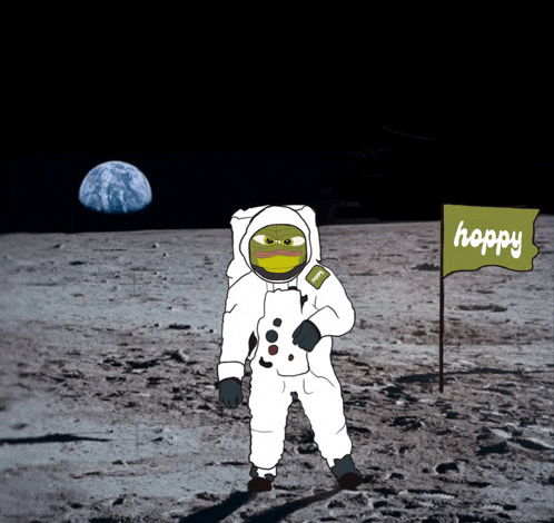 a cartoon of an astronaut on the moon with a happy flag