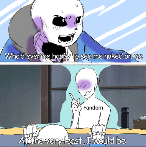 a cartoon of a skeleton talking to a fandom figure