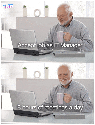 an older man is sitting at a desk with a laptop and a cup of coffee and the caption accept job as it manager