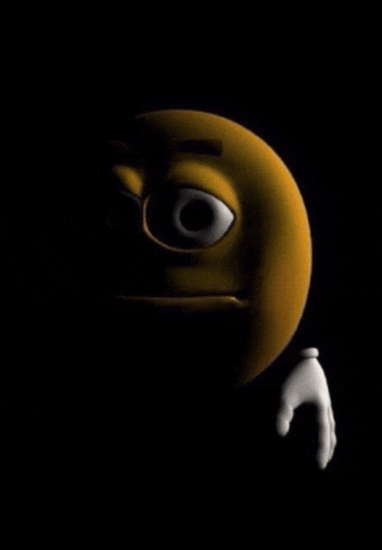 a cartoon smiley face with a hand sticking out of it 's mouth is standing in the dark .