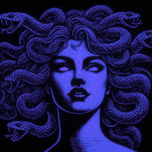 a pixel art drawing of medusa with snakes in her hair