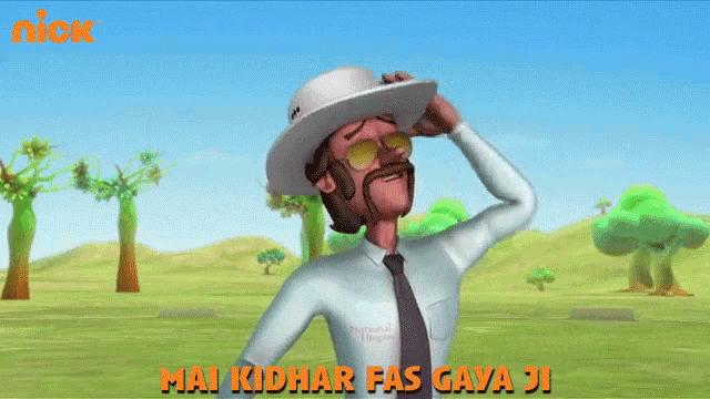 a man in a white hat and tie is standing in a field with the words mai kidhar fas gaya ji