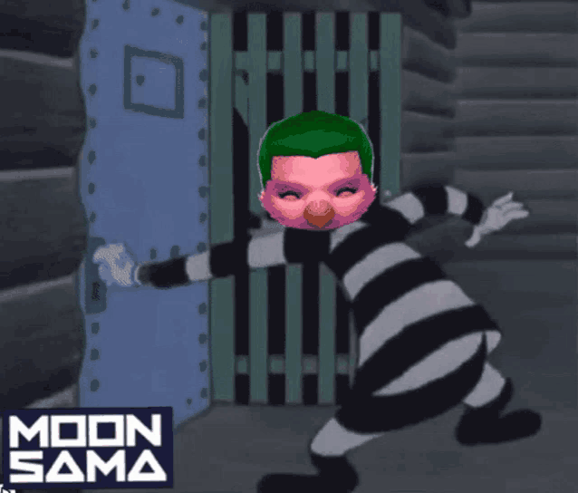 a cartoon of a prisoner with a pink face and the words moon sama in the corner