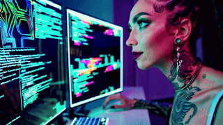 a woman is looking at a computer screen with a lot of code on it .