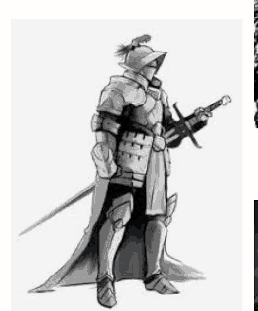 a black and white drawing of a knight holding a sword and shield .