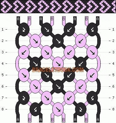 a black and pink friendship bracelet pattern with arrows pointing in opposite directions