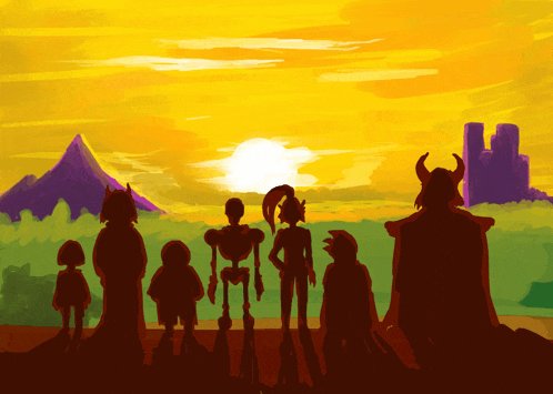 a group of people standing in front of a sunset with a mountain in the background