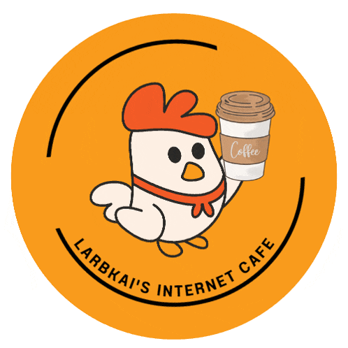 a logo for larbkai 's internet cafe has a chicken holding a cup of coffee