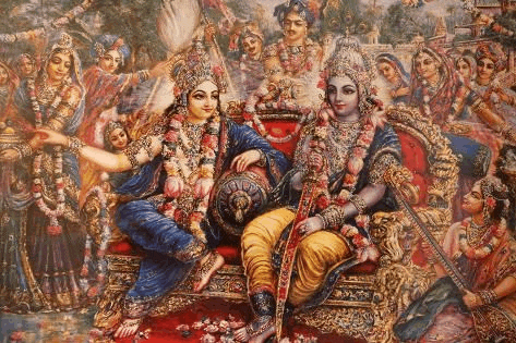 a painting of a man and a woman sitting on a couch surrounded by a crowd of people .