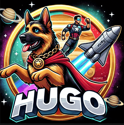 a cartoon of a german shepherd and a superhero with the name hugo on the bottom