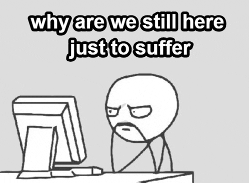 a stick figure is sitting in front of a computer with the words " why are we still here just to suffer " above him