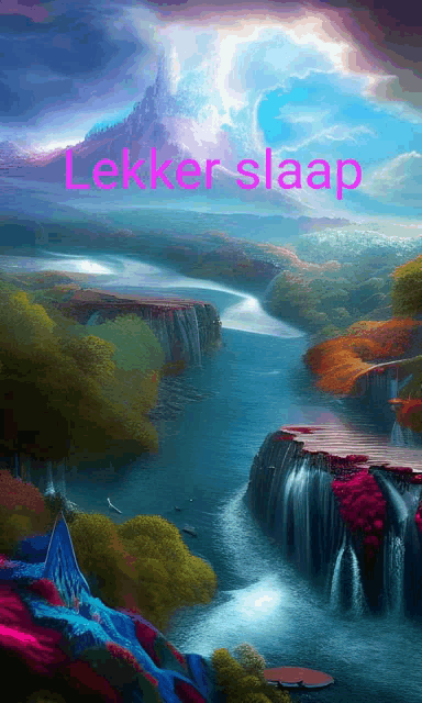 a painting of a river with the words lekker slaap written on it