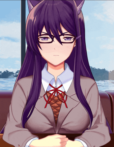 a girl with purple hair and glasses is sitting in front of a body of water