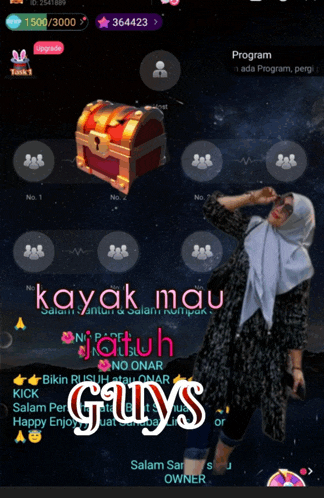 a woman in a hijab stands in front of a treasure chest with the words kayak mau guys below her