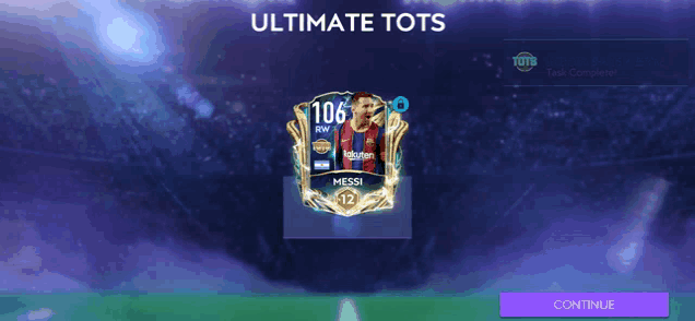 a screenshot of an ultimate tots game with a messi card