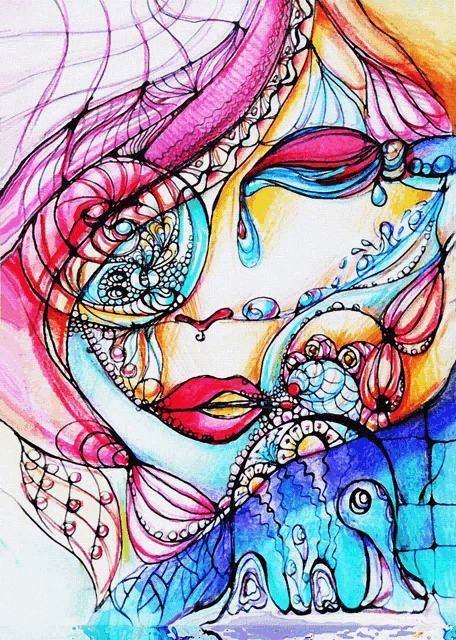 a colorful drawing of a woman with a tear coming out of her eyes