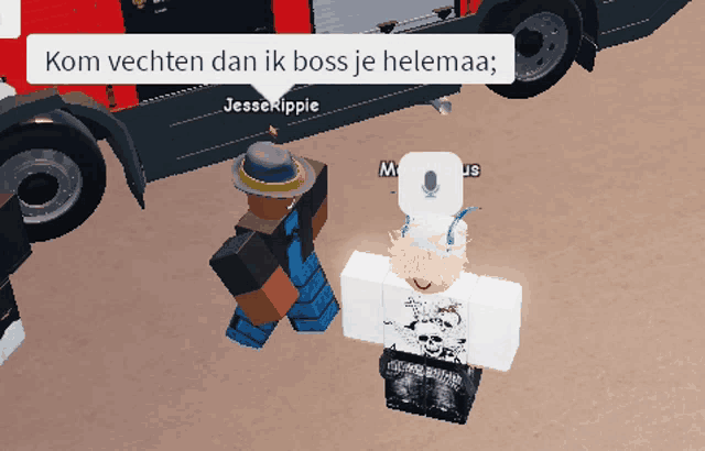 two roblox characters are standing next to each other and one of them says kom vechten dan ik boss je helemaa