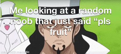 a man with a beard and a hat is looking at a random noob that just said ' pls fruit '