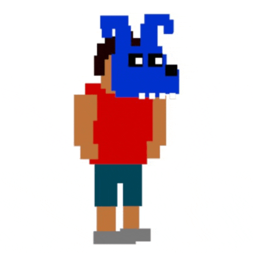 a pixel art of a man wearing a blue rabbit mask .