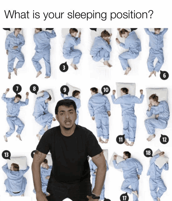 a man stands in front of a collage of sleeping positions