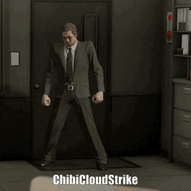 a man in a suit and tie is dancing in a room with the words chibicloudstrike above him