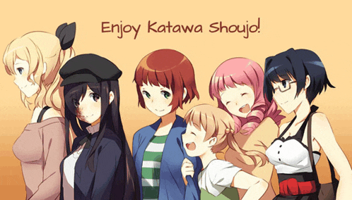 a group of anime girls are standing next to each other with the words enjoy katawan shoujo on the bottom