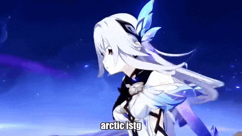 a girl with white hair and blue feathers says arctic istg on the bottom