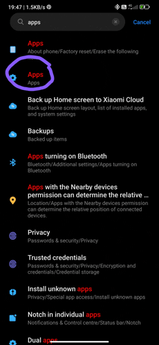 a screenshot of a phone 's settings page with apps highlighted