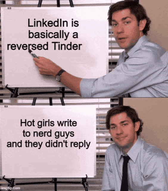 a man is pointing at a white board that says " linkedin is basically a reversed tinder