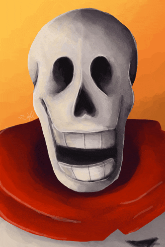 a drawing of a skeleton with a red scarf around his neck