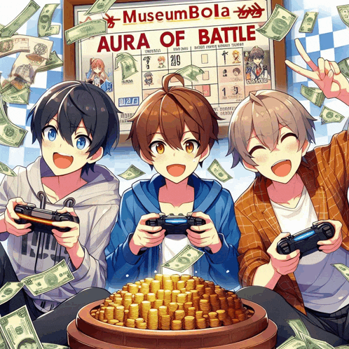 three boys are playing a video game in front of a sign that says museum bola aura of battle