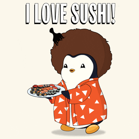 a penguin with an afro is holding a plate of sushi with the words i love sushi behind him