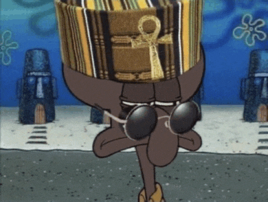 squidward from spongebob is wearing sunglasses and carrying a box on his head