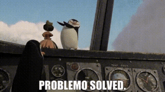 two penguins are sitting on top of a control panel with the words problemo solved written below them