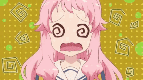 a girl with pink hair is making a funny face with her eyes closed .