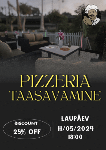 an advertisement for pizzeria taasavamine offers a discount of 25% off