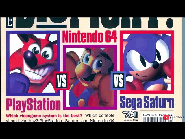 an advertisement for nintendo 64 playstation and sega saturn shows a crash bandicoot mario and sonic