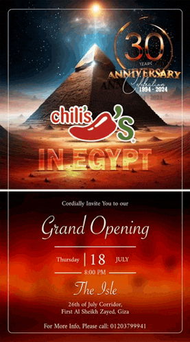 an advertisement for chili 's in egypt shows a pyramid in the background