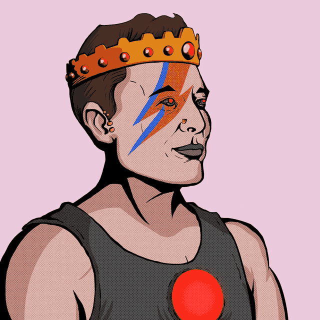 a cartoon drawing of a man wearing a crown and a black tank top