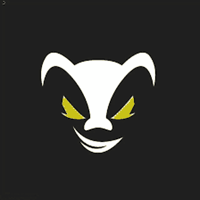 a black background with a white face with yellow eyes