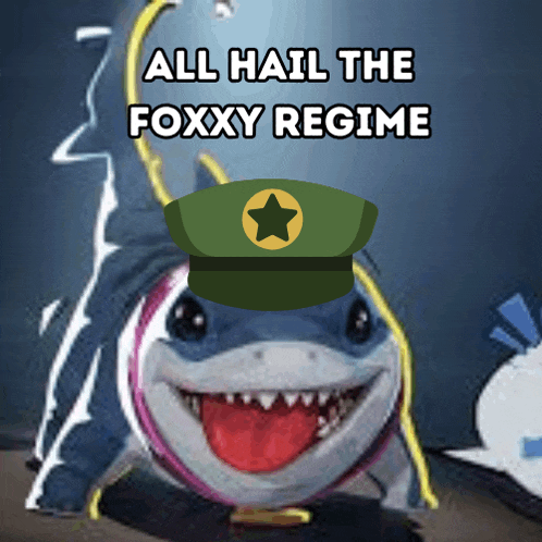 a shark wearing a green hat with a star on it says all hail the foxxy regime