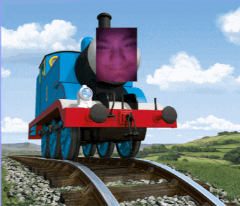 a blue train with a purple face on it